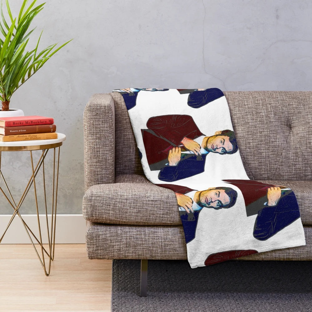 Pastel holographic plush blanket with an image of comedian Bill Hader from SNL