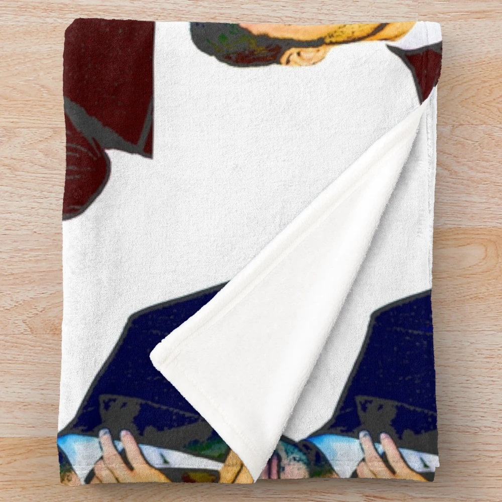 Pastel holographic plush blanket with an image of comedian Bill Hader from SNL