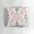 A pastel-colored woven kilim patterned throw pillow with a textured surface.