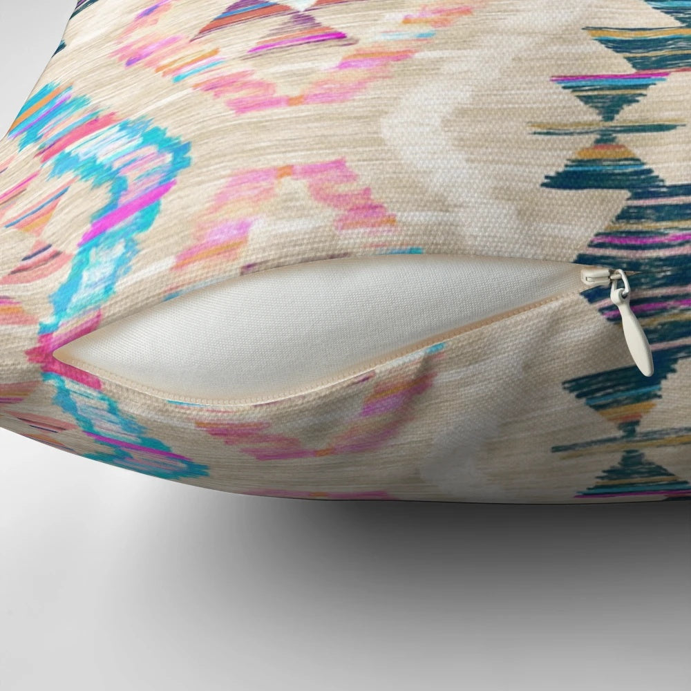 A pastel-colored woven kilim patterned throw pillow with a textured surface.