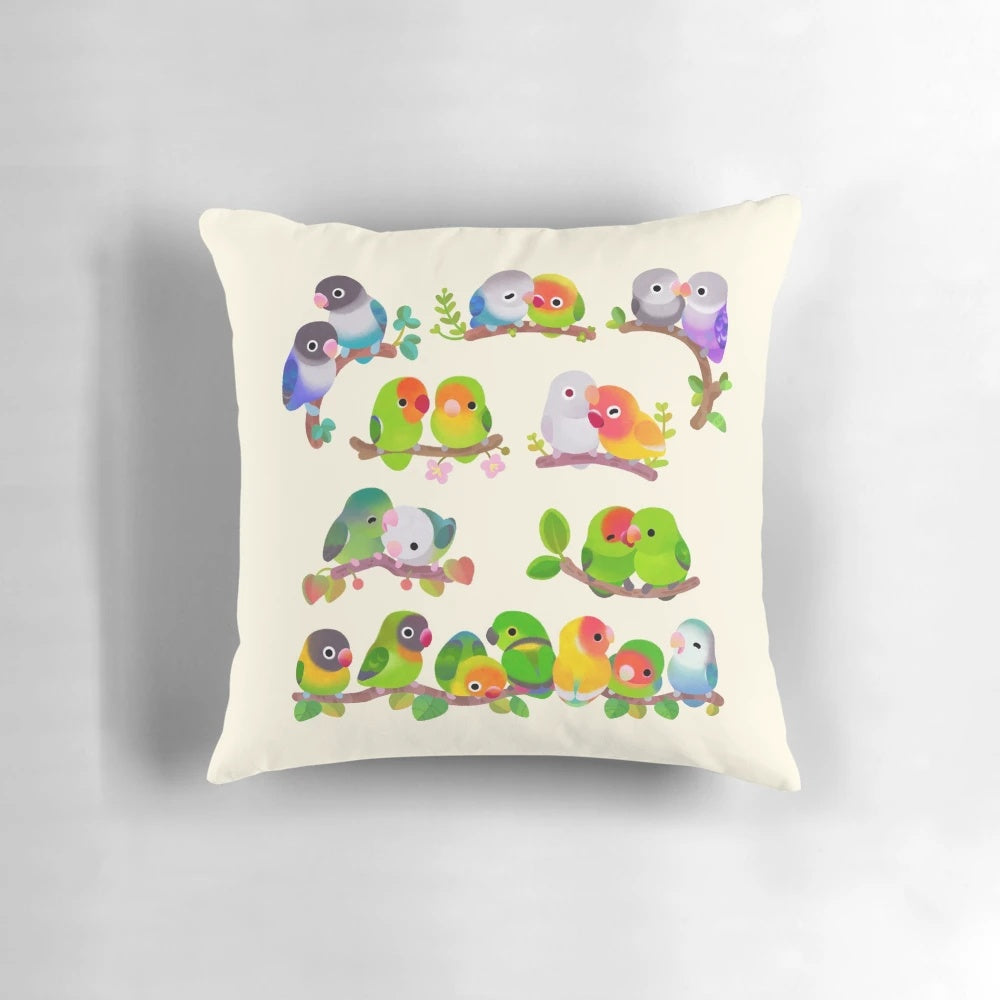 Pastel lovebird decorative pillow, featuring a vibrant and colorful design