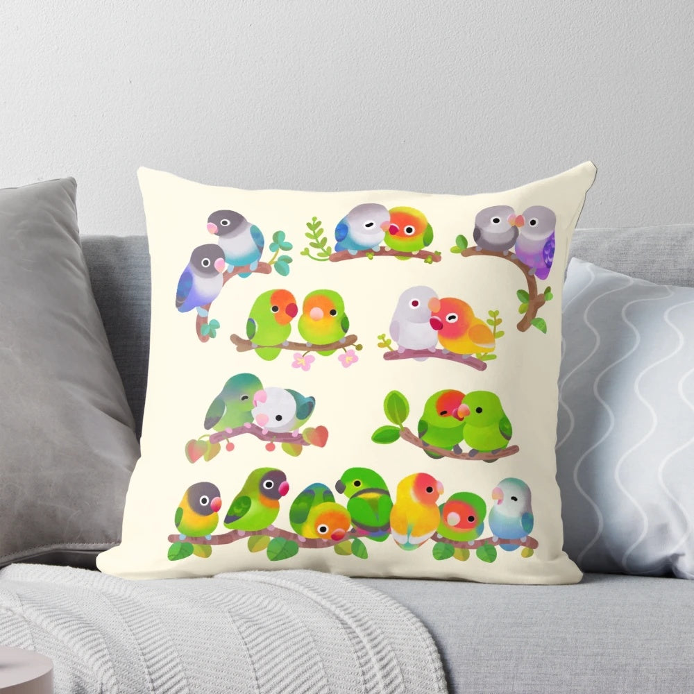 Pastel lovebird decorative pillow, featuring a vibrant and colorful design