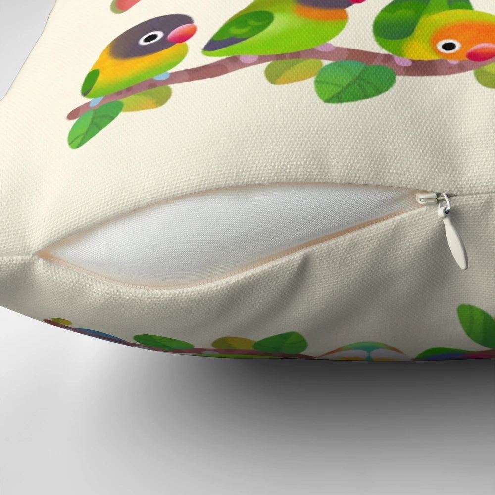 Pastel lovebird decorative pillow, featuring a vibrant and colorful design