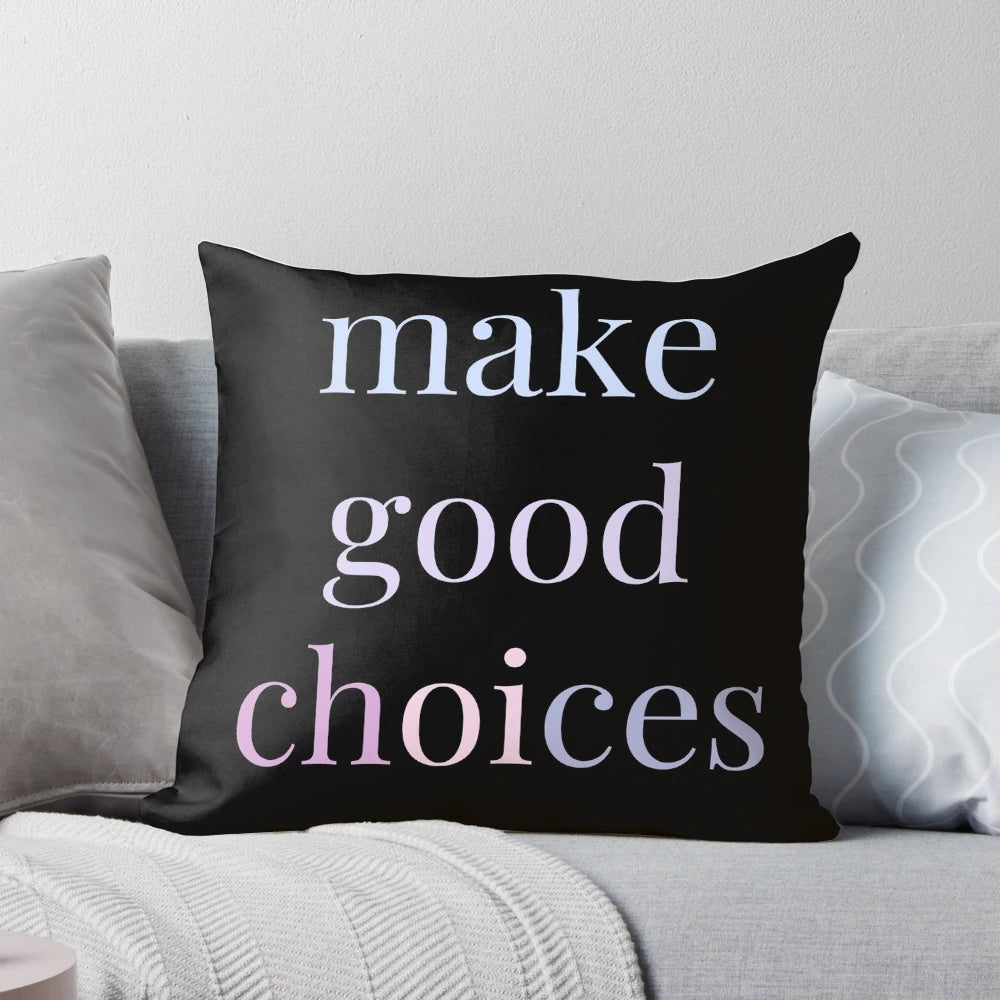 Pastel "Make Good Choices" decorative throw pillow with pink, blue, and purple accents