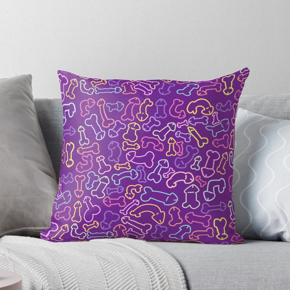 Pastel-colored pattern pillow featuring a stylized penis design