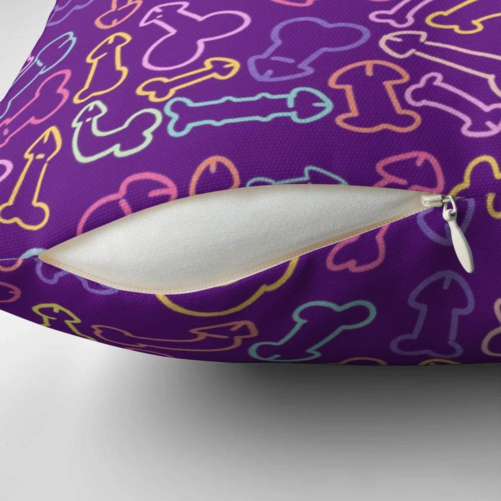 Pastel-colored pattern pillow featuring a stylized penis design