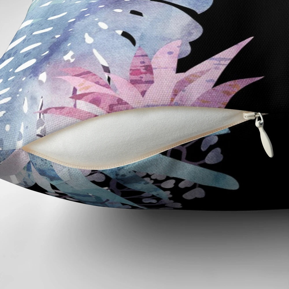 Pastel pillow featuring a whimsical black cat surrounded by tropical foliage and flowers