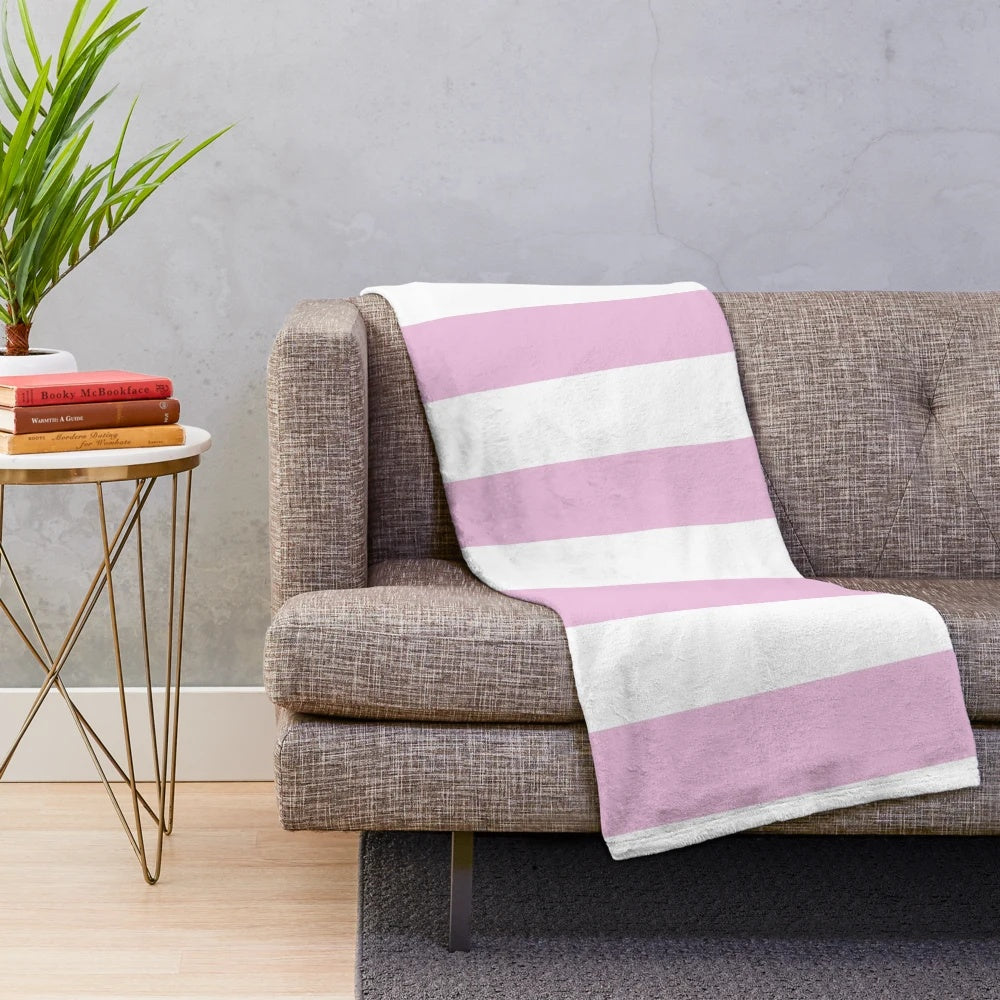 Pastel pink and white vertical stripe pattern plush blanket