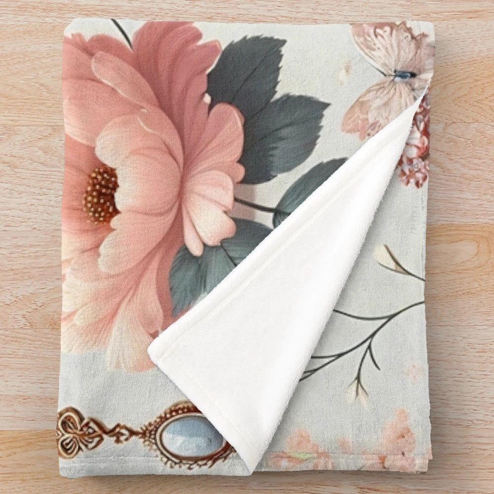 Pastel plush blanket with whimsical Bridgerton-inspired floral and jewelry design