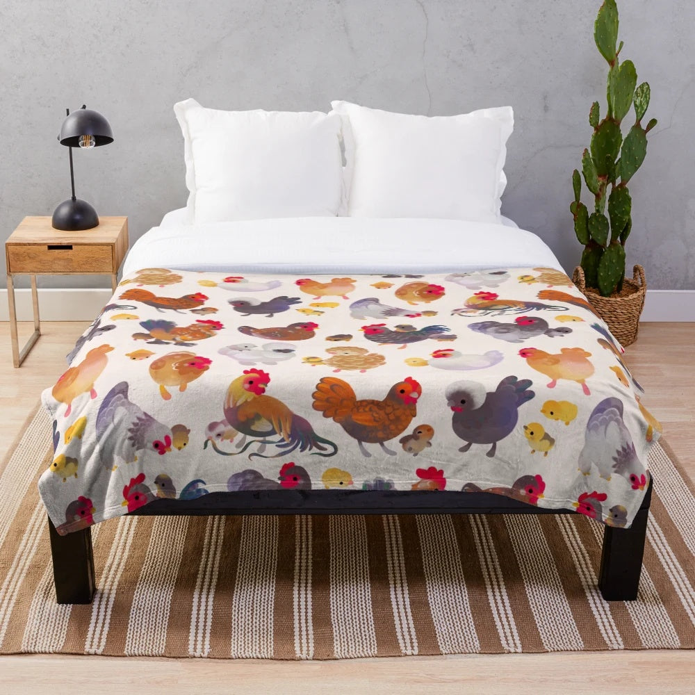 Pastel plush blanket featuring a delightful chicken and chick design, perfect for farmhouse decor