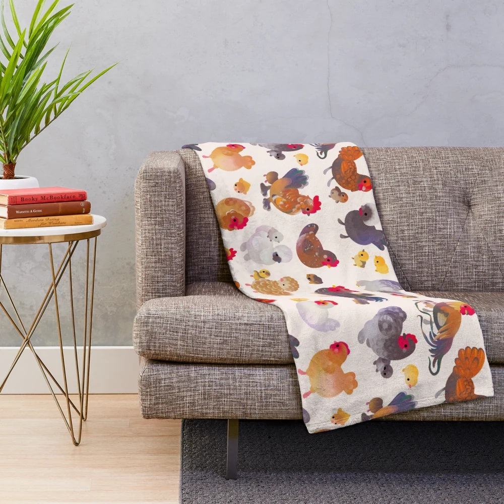 Pastel plush blanket featuring a delightful chicken and chick design, perfect for farmhouse decor