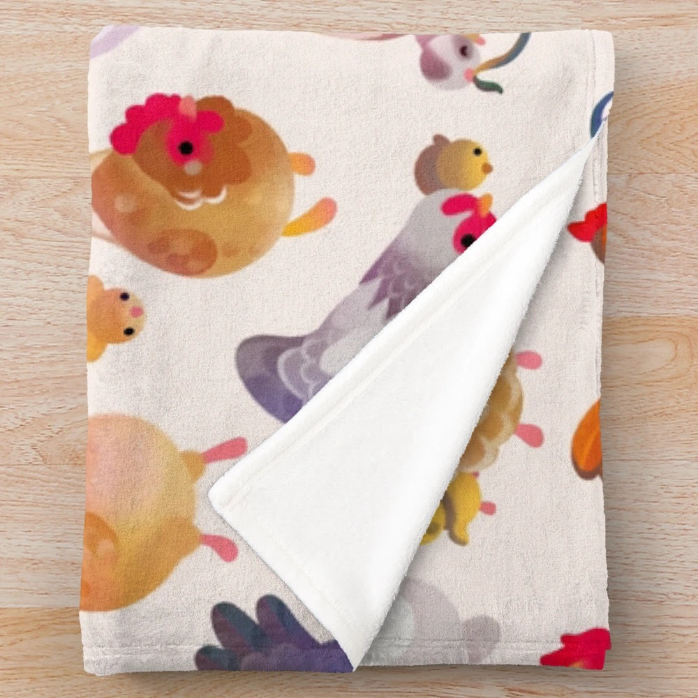 Pastel plush blanket featuring a delightful chicken and chick design, perfect for farmhouse decor