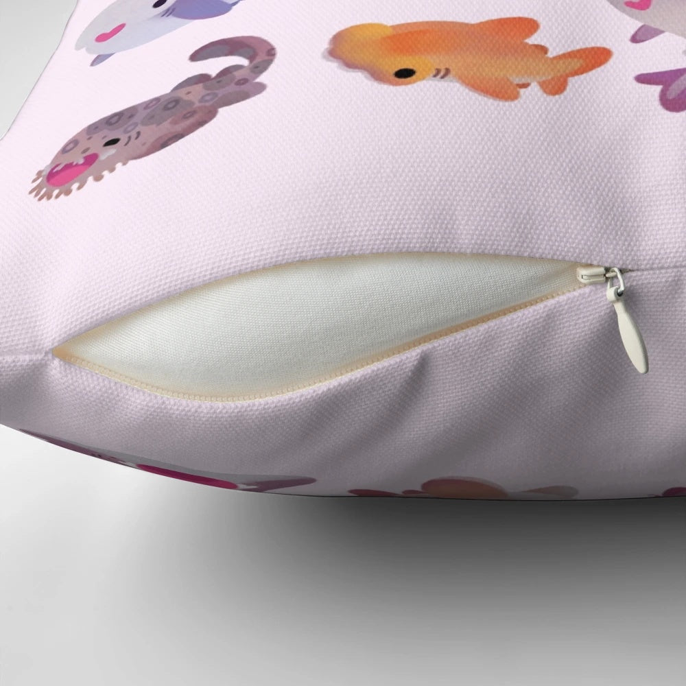 A cozy and colorful pastel shark-themed throw pillow, perfect for adding a touch of marine life to your home decor.