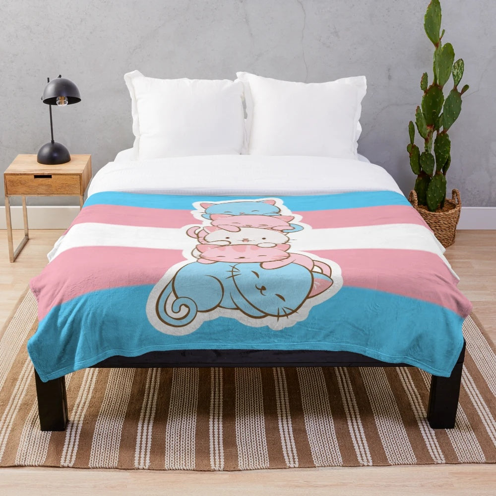 Pastel transgender pride plush blanket with adorable kawaii cats