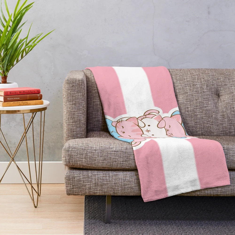 Pastel transgender pride plush blanket with adorable kawaii cats
