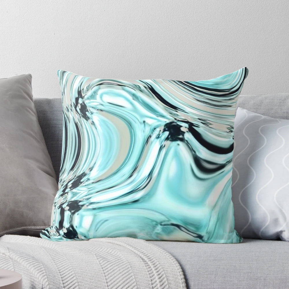 Decorative pillow with an abstract marble swirl pattern in soothing pastel shades of turquoise, aqua, and blue.