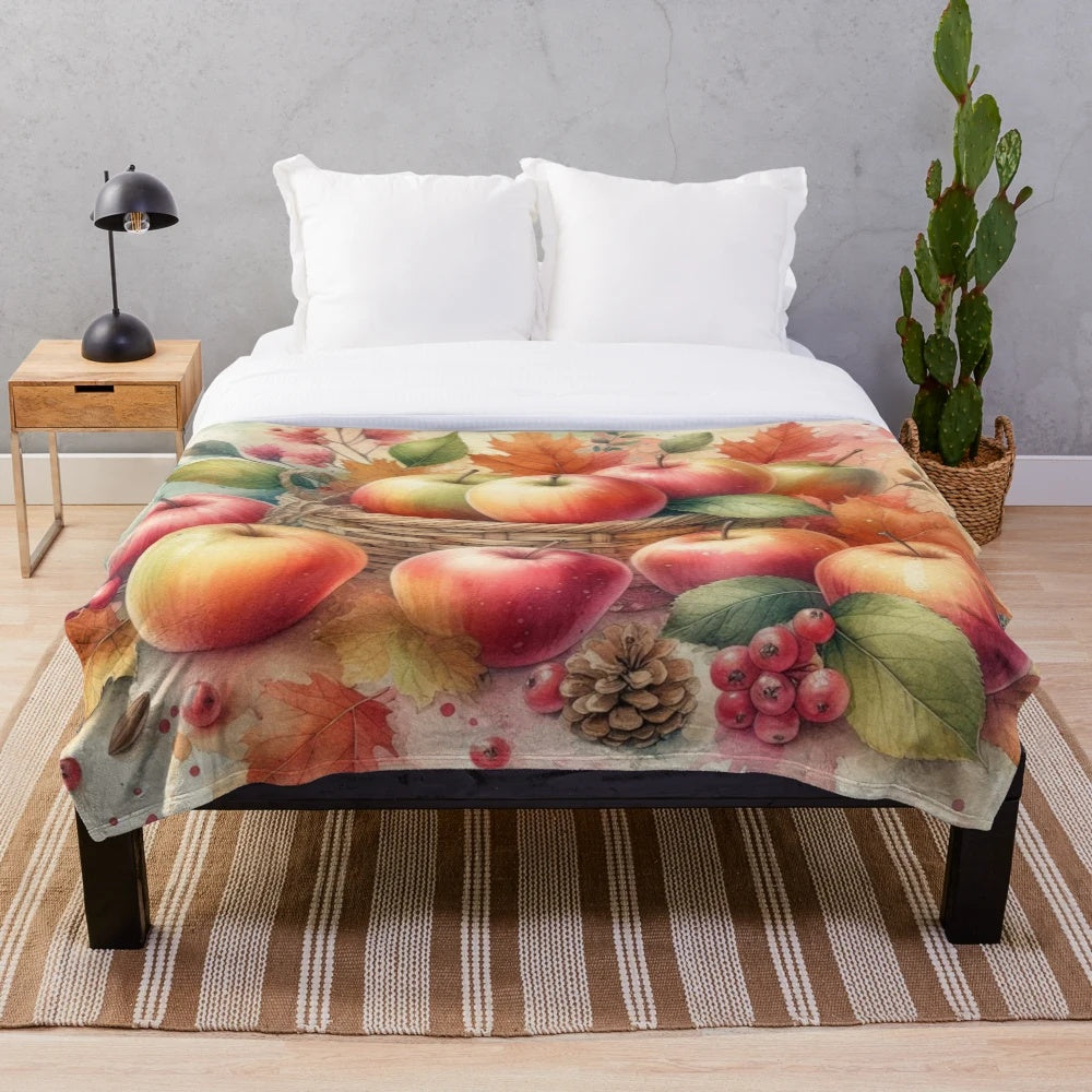 Plush blanket with a pastel watercolor painting of fall apples