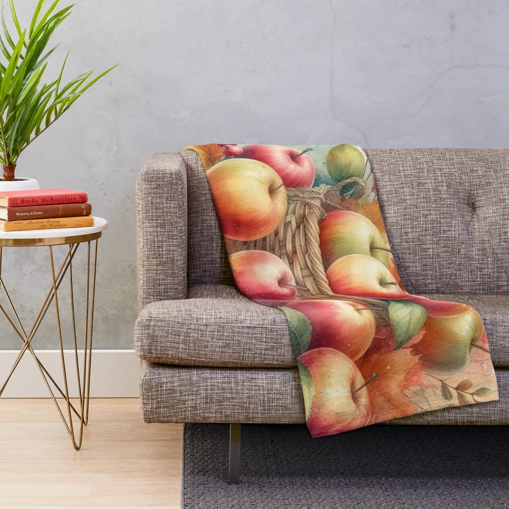 Plush blanket with a pastel watercolor painting of fall apples
