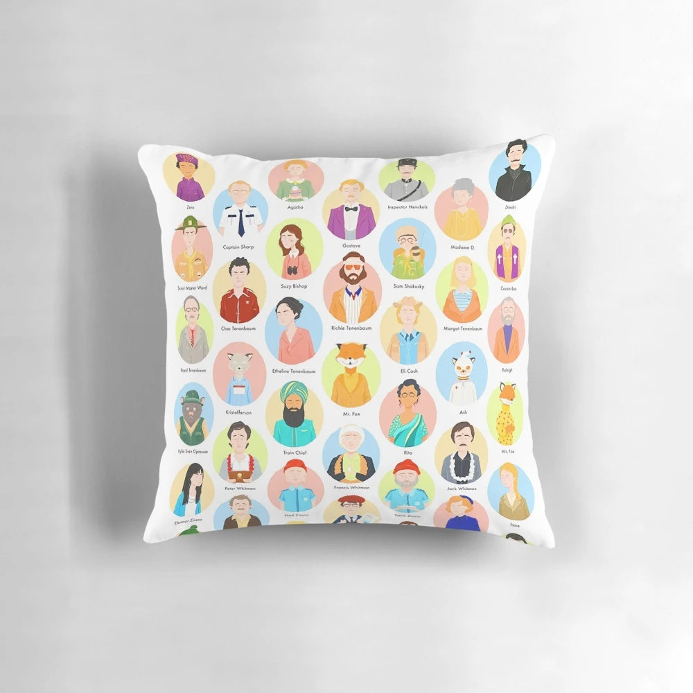 Pastel-colored Wes Anderson movie character pillow
