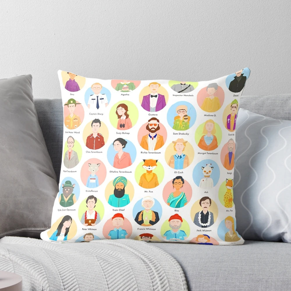 Pastel-colored Wes Anderson movie character pillow