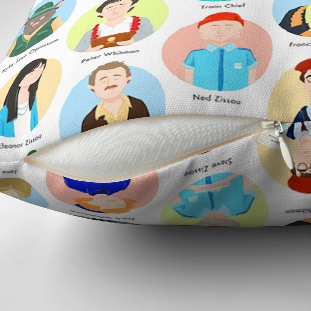 Pastel-colored Wes Anderson movie character pillow