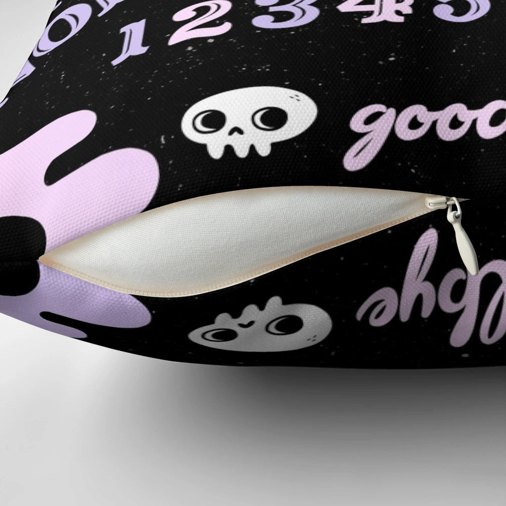 Soft pastel-colored Ouija board-inspired throw pillow with a cat and bat silhouette, perfect for witchy or pagan home decor.