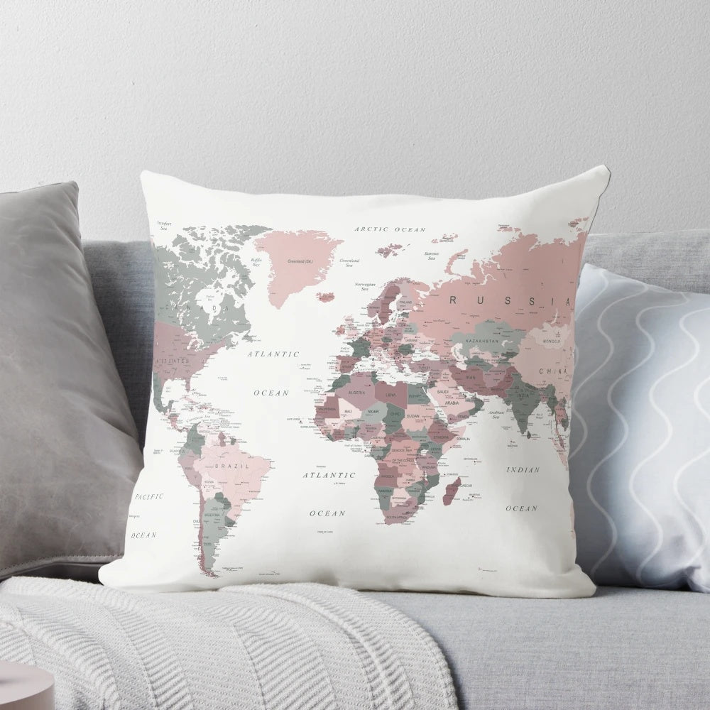 Pastel pink and hunter green world map wall art