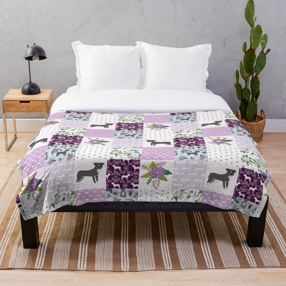 Pitbull dog patchwork plush blanket with cute dog pattern