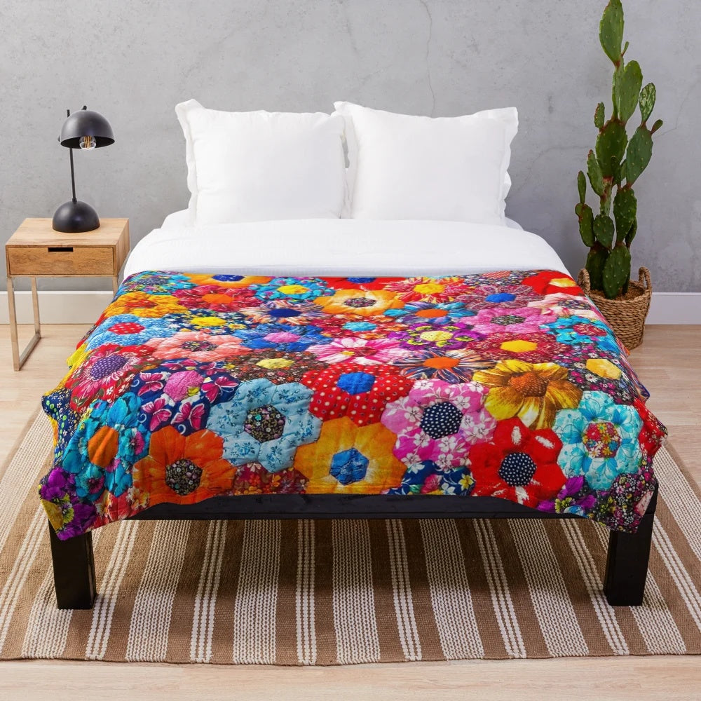 Patchwork plush blanket in colorful pattern