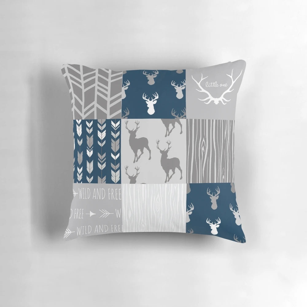 Patchwork Woodland Navy and Grey Decorative Pillow for Nursery or Boys' Room