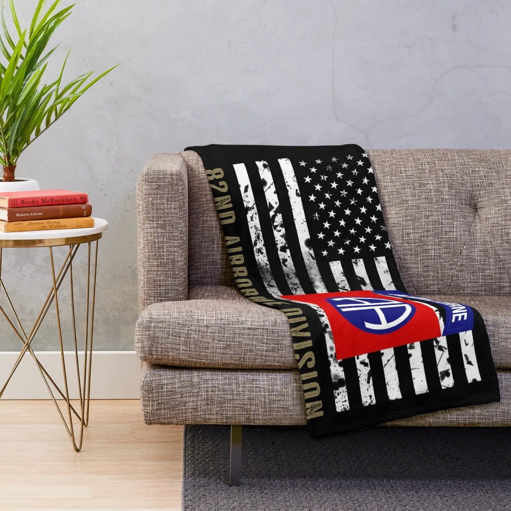 82nd Airborne Division inspired distressed American flag plush blanket