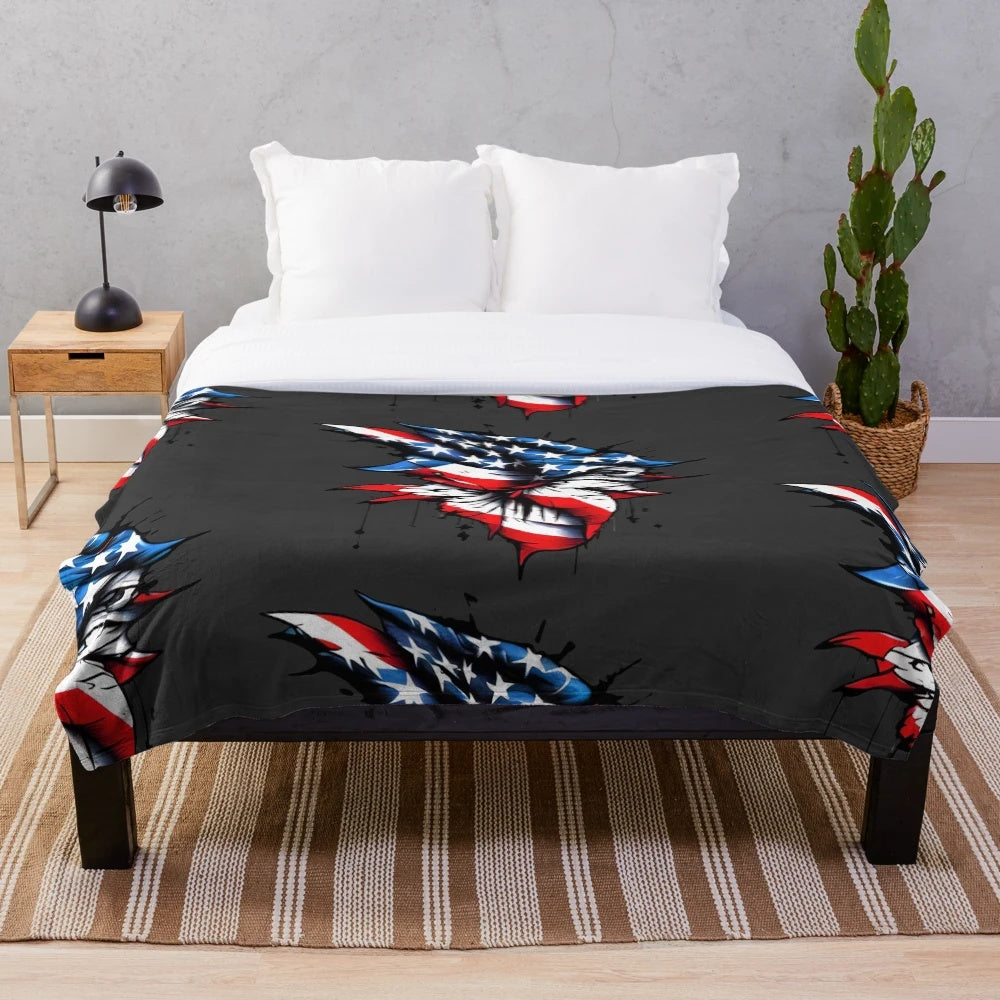 Plush blanket with American flag and graffiti-style design