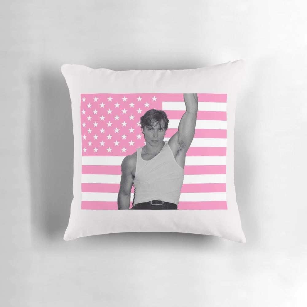 Vibrant American flag-themed pillow featuring the artwork of Nicholas Chavez