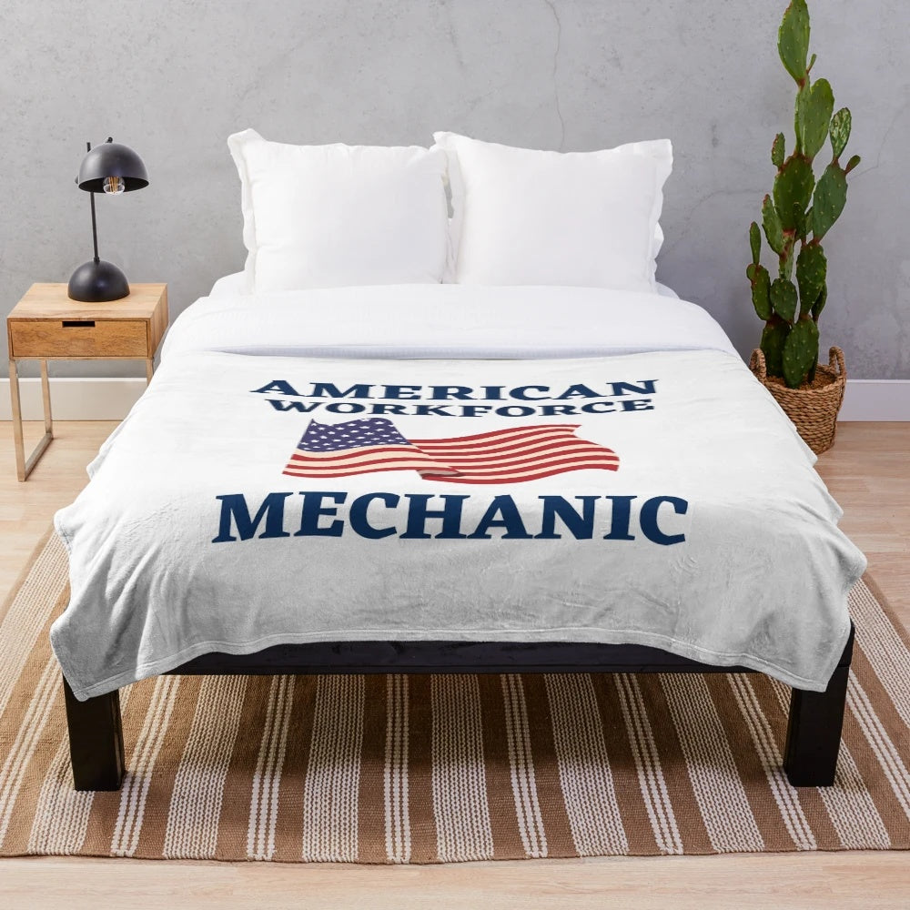 Mechanic American Workforce Plush Blanket featuring an American flag design