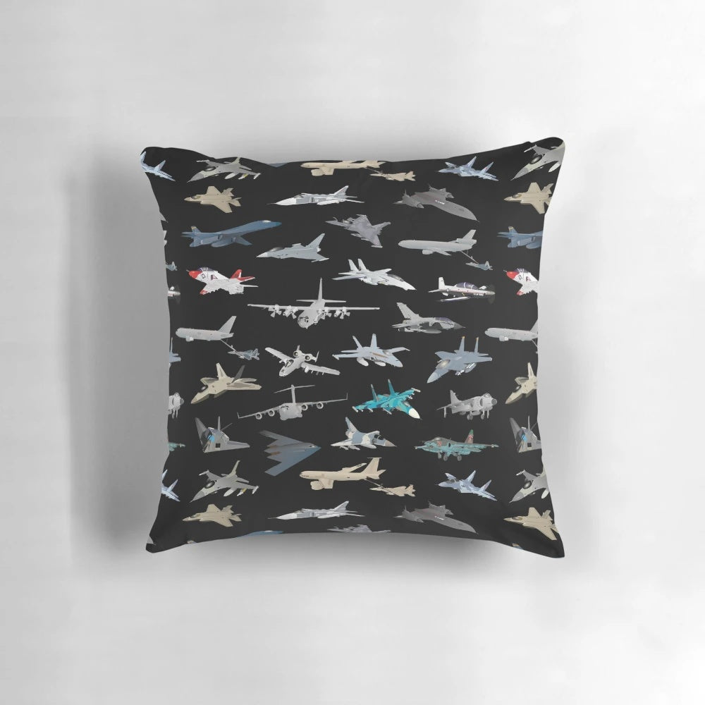 Patriotic American military airplane pillow featuring modern jet fighter designs in various patterns