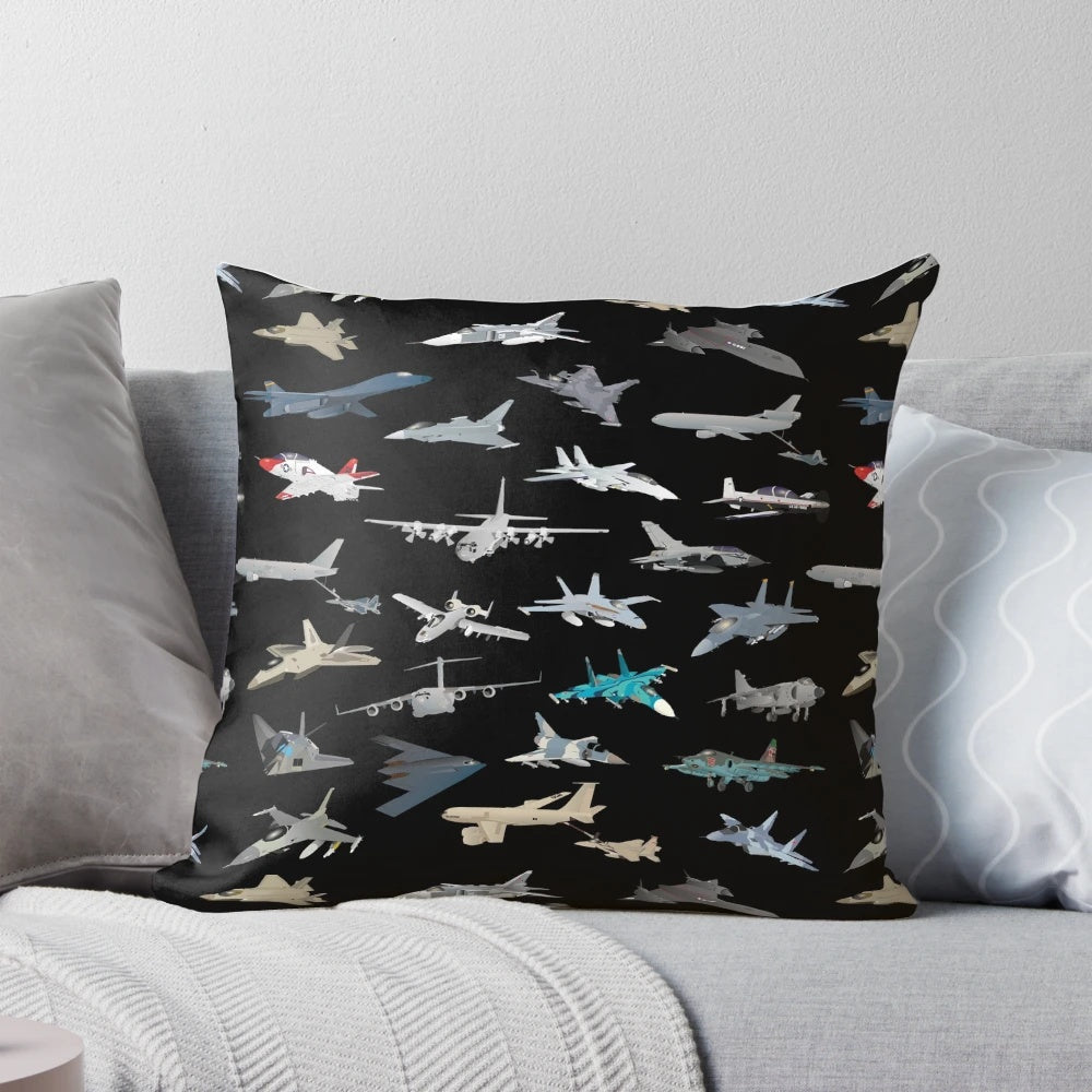 Patriotic American military airplane pillow featuring modern jet fighter designs in various patterns
