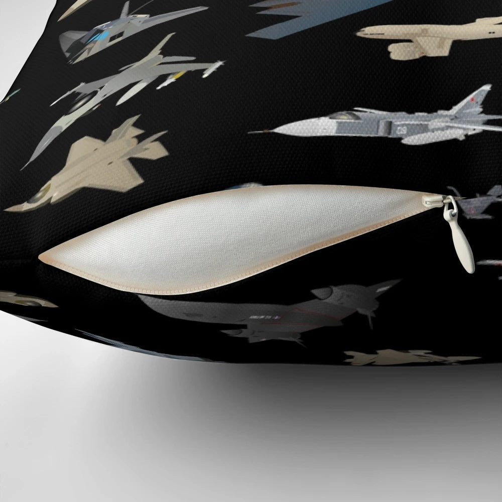 Patriotic American military airplane pillow featuring modern jet fighter designs in various patterns