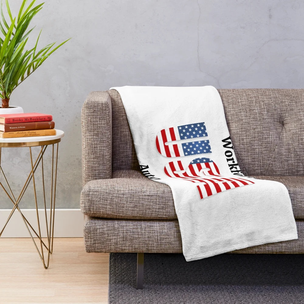 Patriotic plush blanket featuring an auto mechanic design and American flag