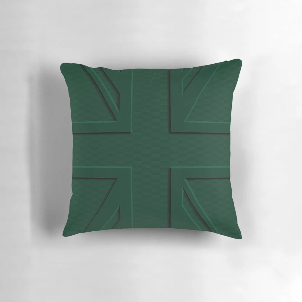 Detailed image of a British racing green mini cooper 3D union jack flag pillow