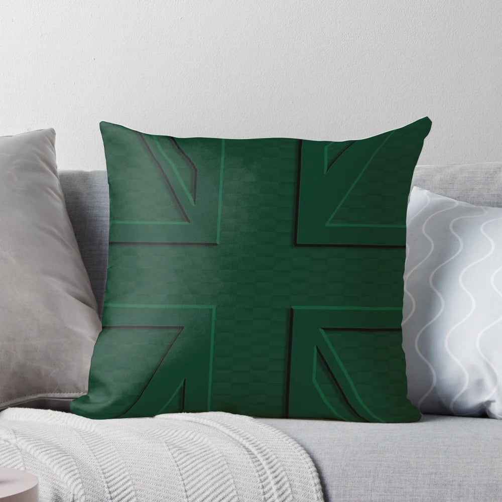 Detailed image of a British racing green mini cooper 3D union jack flag pillow