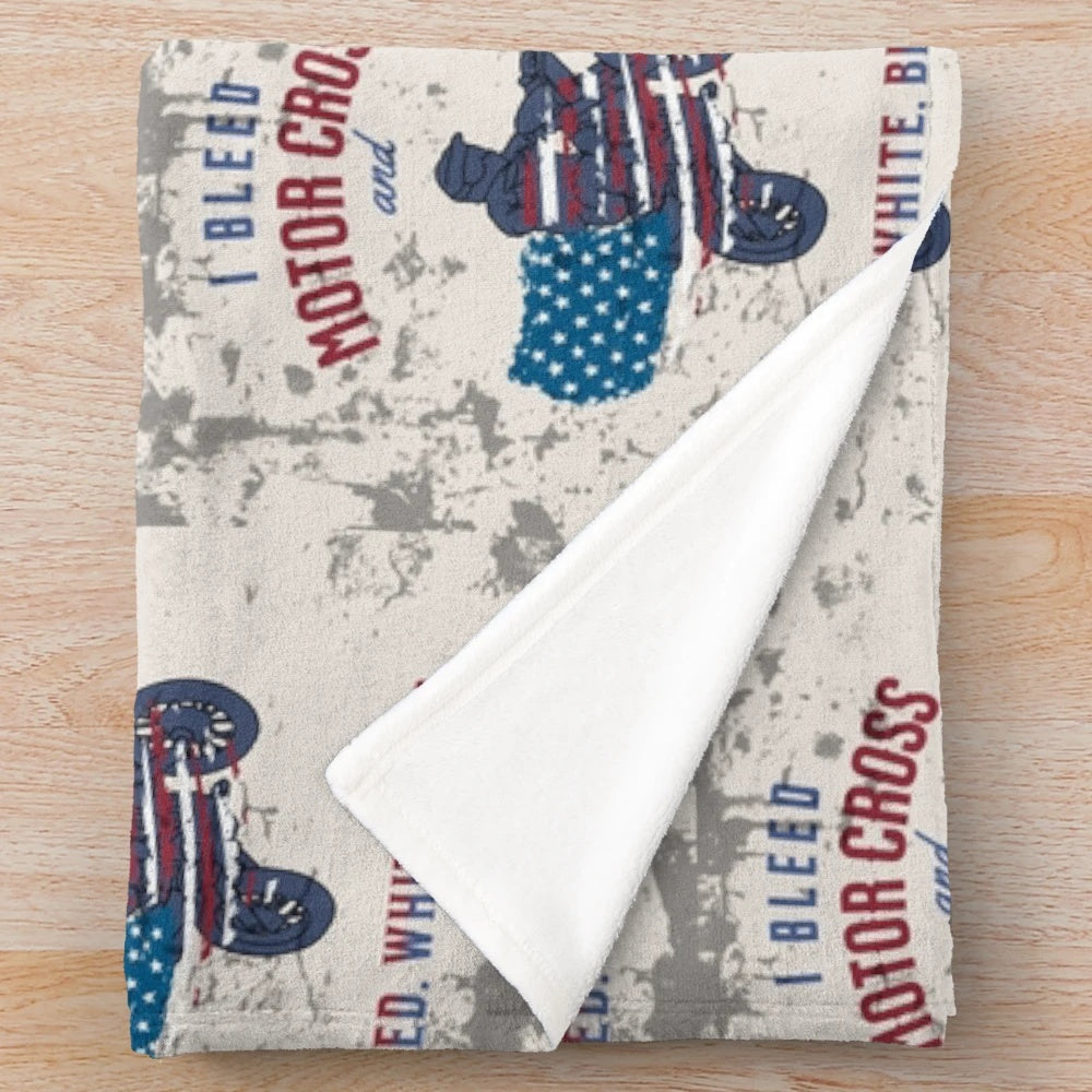 Patriotic motocross-themed plush blanket with American flag design