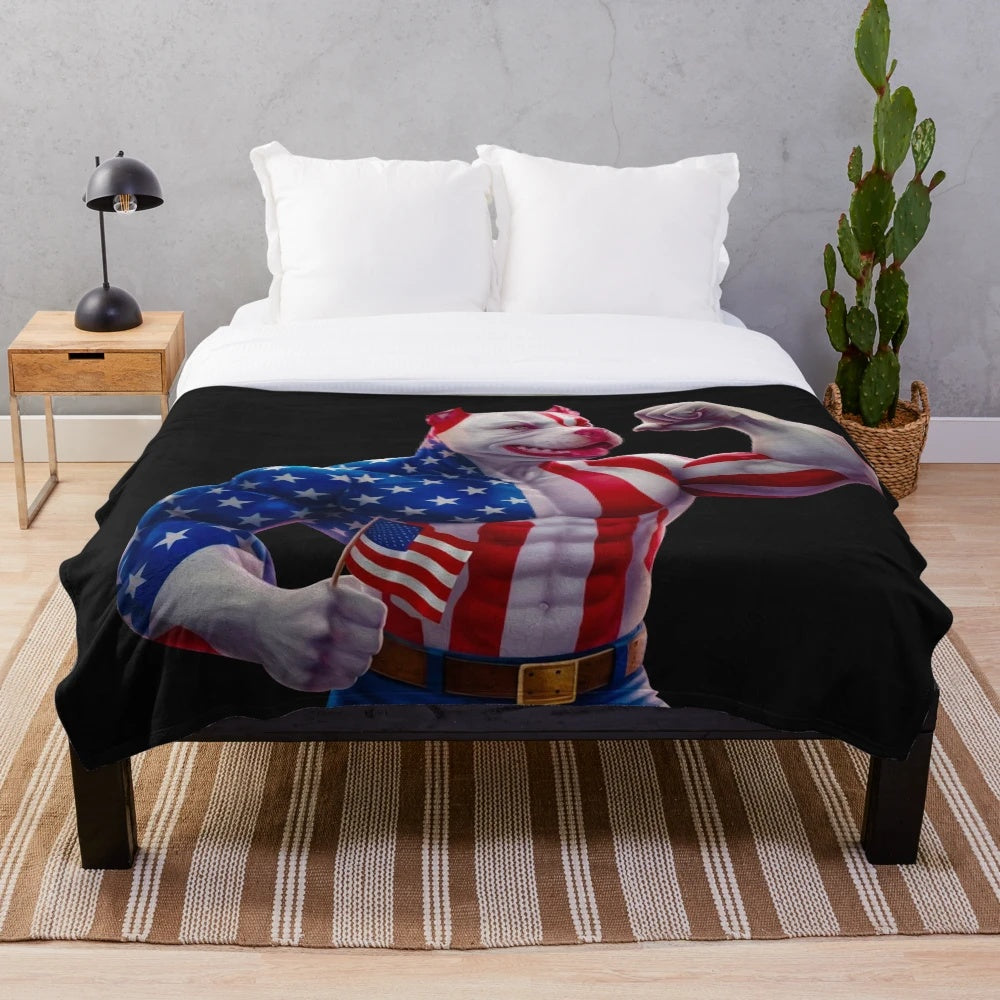 Pitbull dog breed plush blanket with American flag pattern