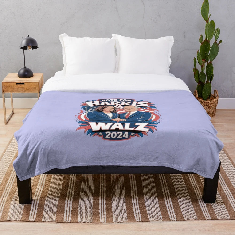 Plush blanket featuring the portraits of Harris and Walz, prominent Black political leaders