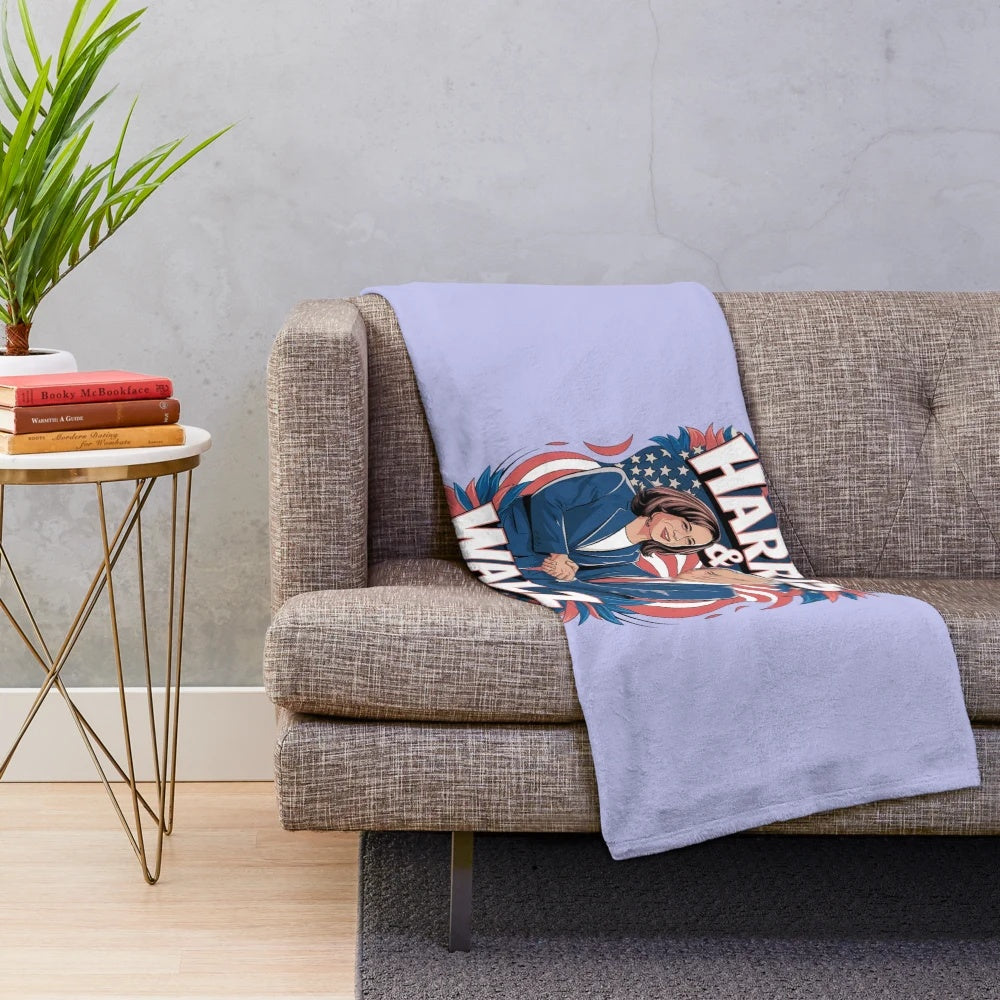 Plush blanket featuring the portraits of Harris and Walz, prominent Black political leaders