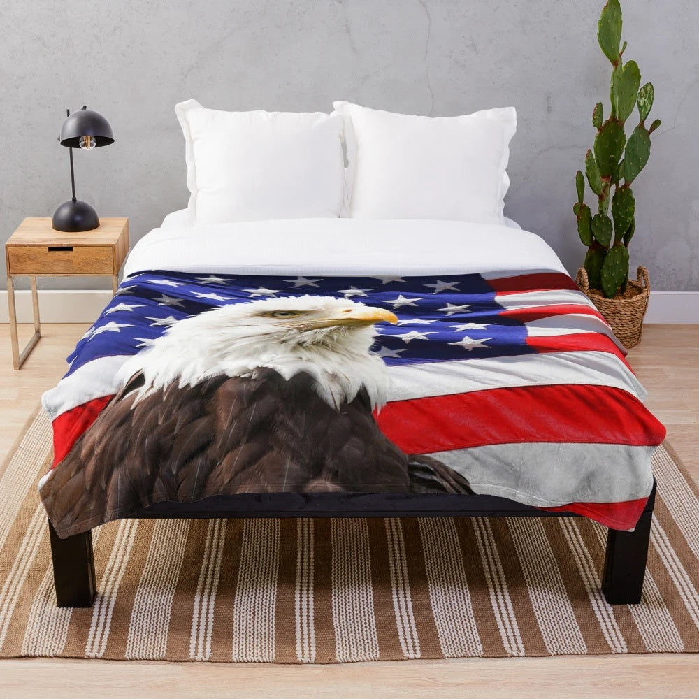 Plush blanket with an image of the American bald eagle and American flag