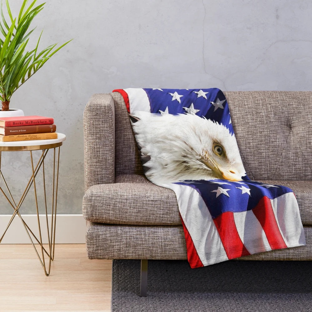 Plush blanket with an image of the American bald eagle and American flag
