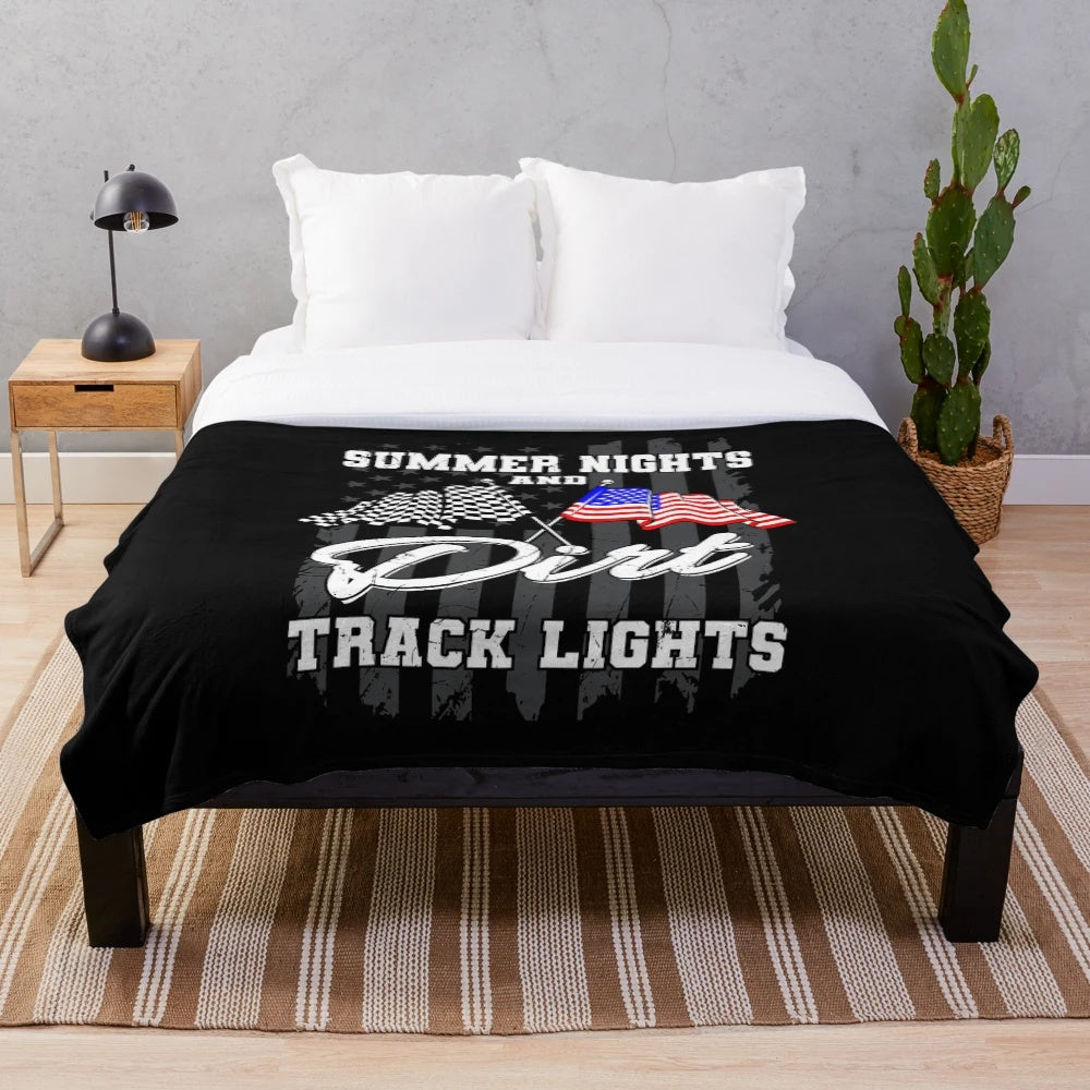 Patriotic-themed plush blanket featuring dirt track racing motifs