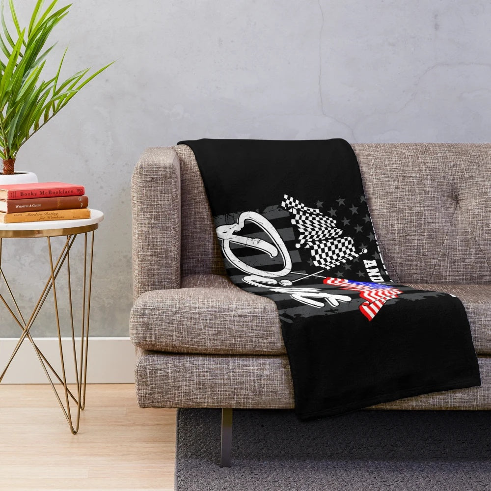 Patriotic-themed plush blanket featuring dirt track racing motifs