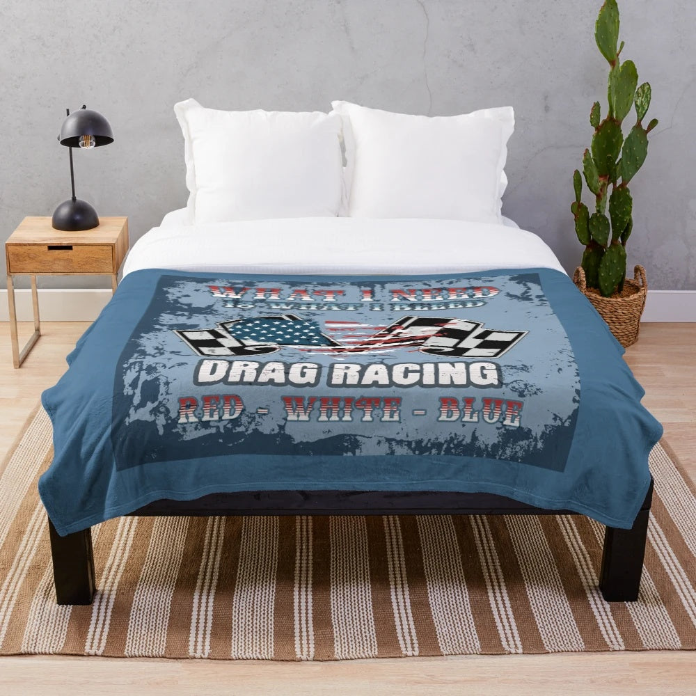 Patriotic plush blanket with drag racing car flags and American racing flags