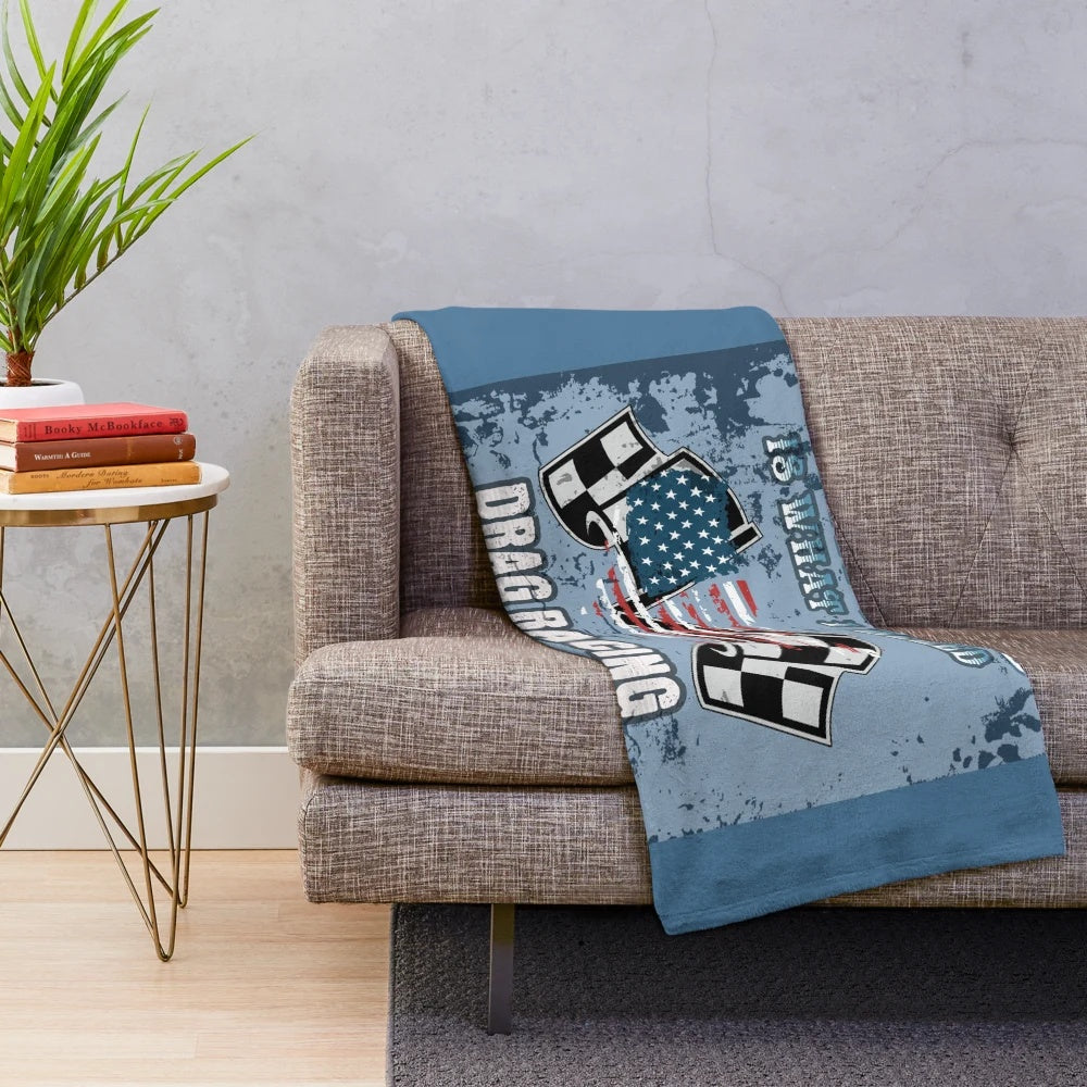 Patriotic plush blanket with drag racing car flags and American racing flags